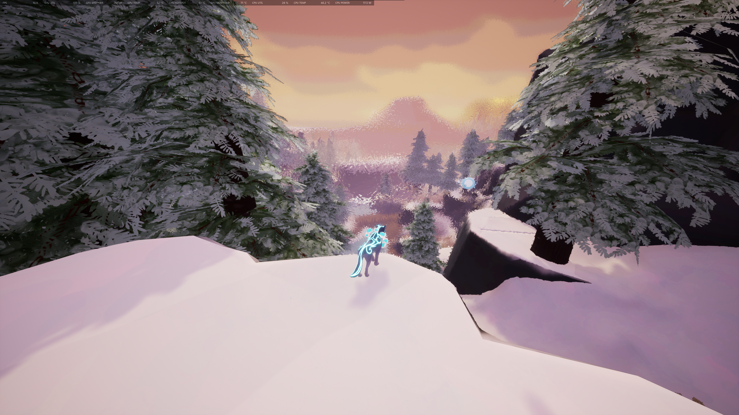 Kazeyo sits on a snowy cliff, overlooking trees and mountains in the distance.