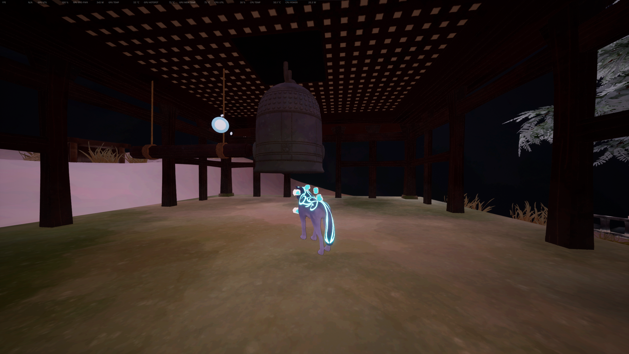 Kazeyo stands next to the bell, now in its rightful place.