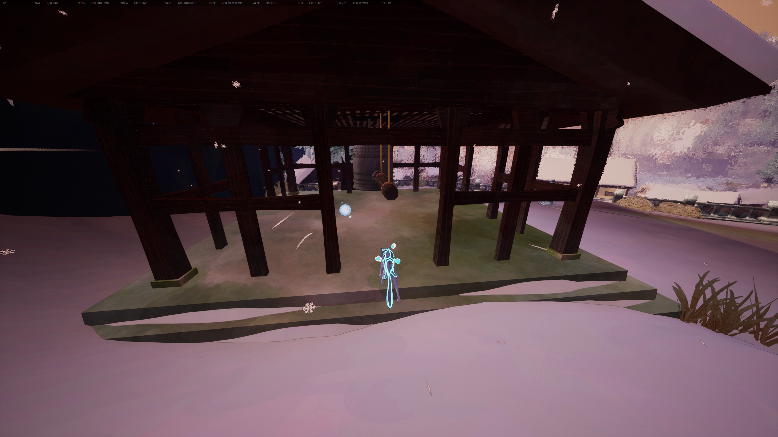 Kazeyo stands next to the log used to toll the bell.