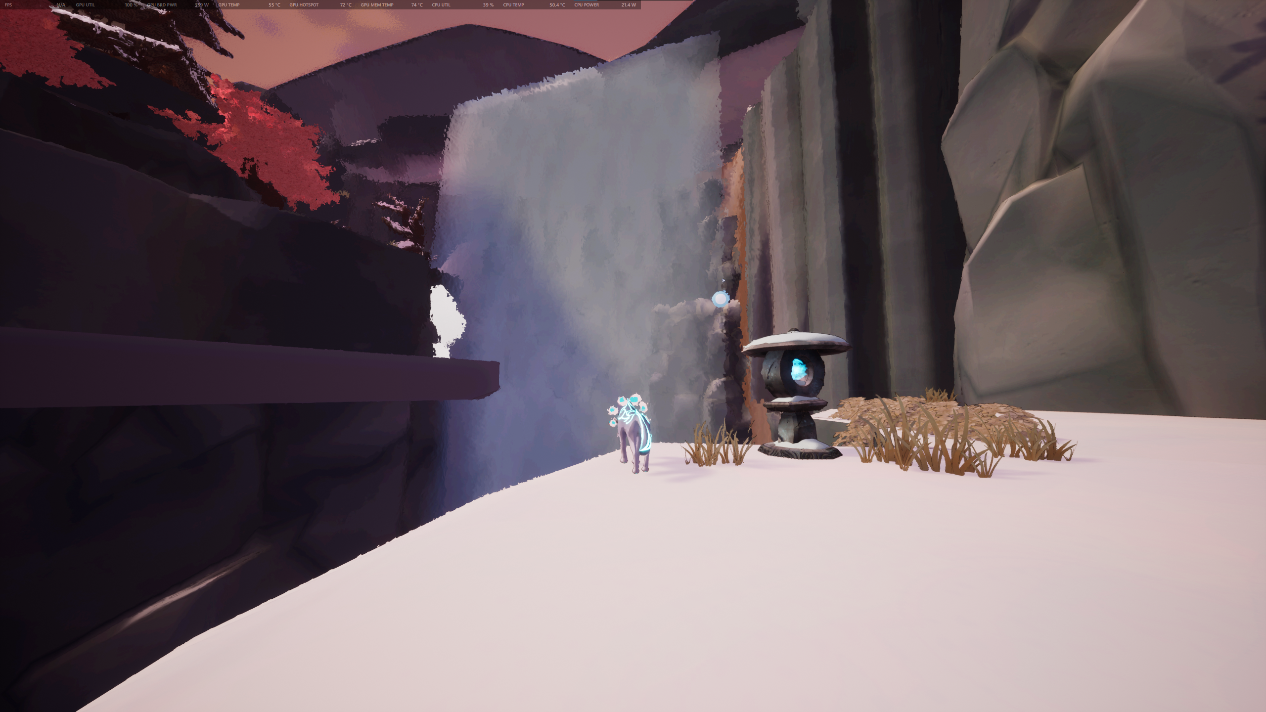 Kazeyo stands at a cliff's edge next to a now-lit Spirit Lantern, overlooking a giant floating blob of Spirit Water.