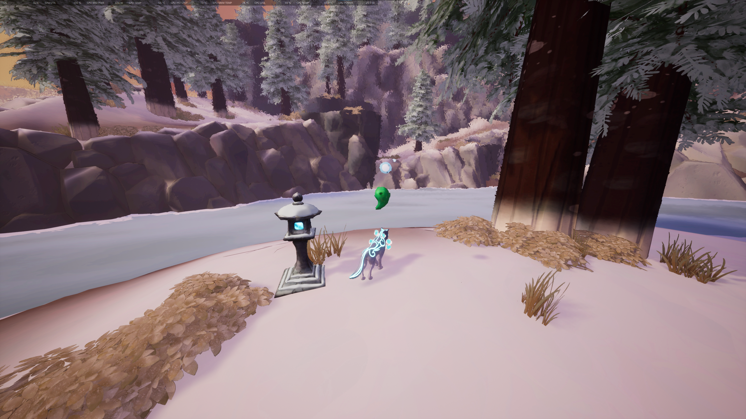 Kazeyo stands next to a lit Spirit Lantern, with a green trinket floating in front.