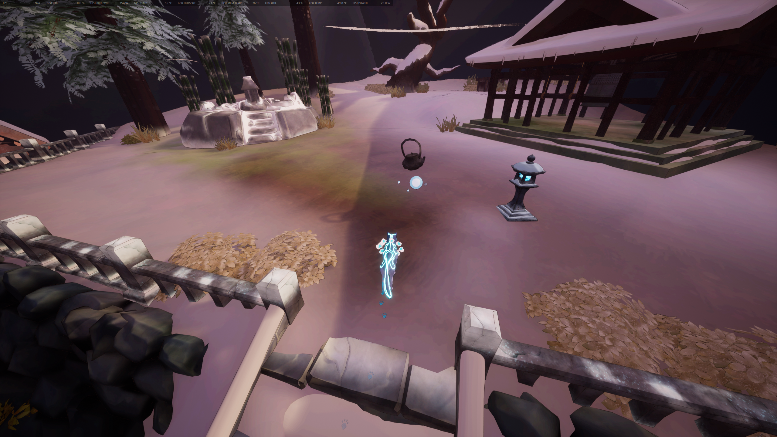 Kazeyo stands near a floating tea kettle, with a lit Spirit Lantern nearby.