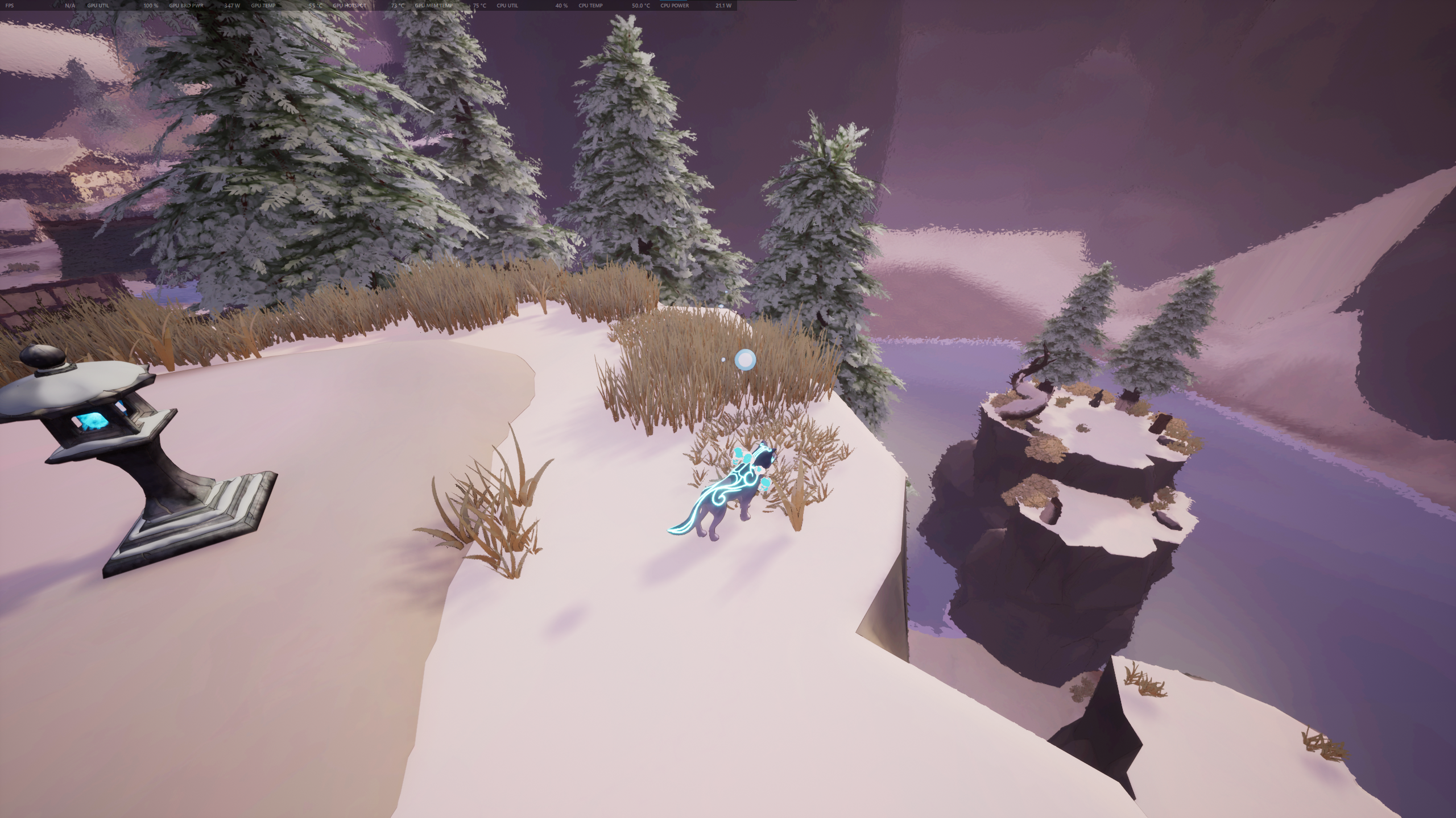 Kazeyo stands at the cliff's edge next to a now-lit Spirit Lantern, overlooking a smaller cliff with a floating bell on it.