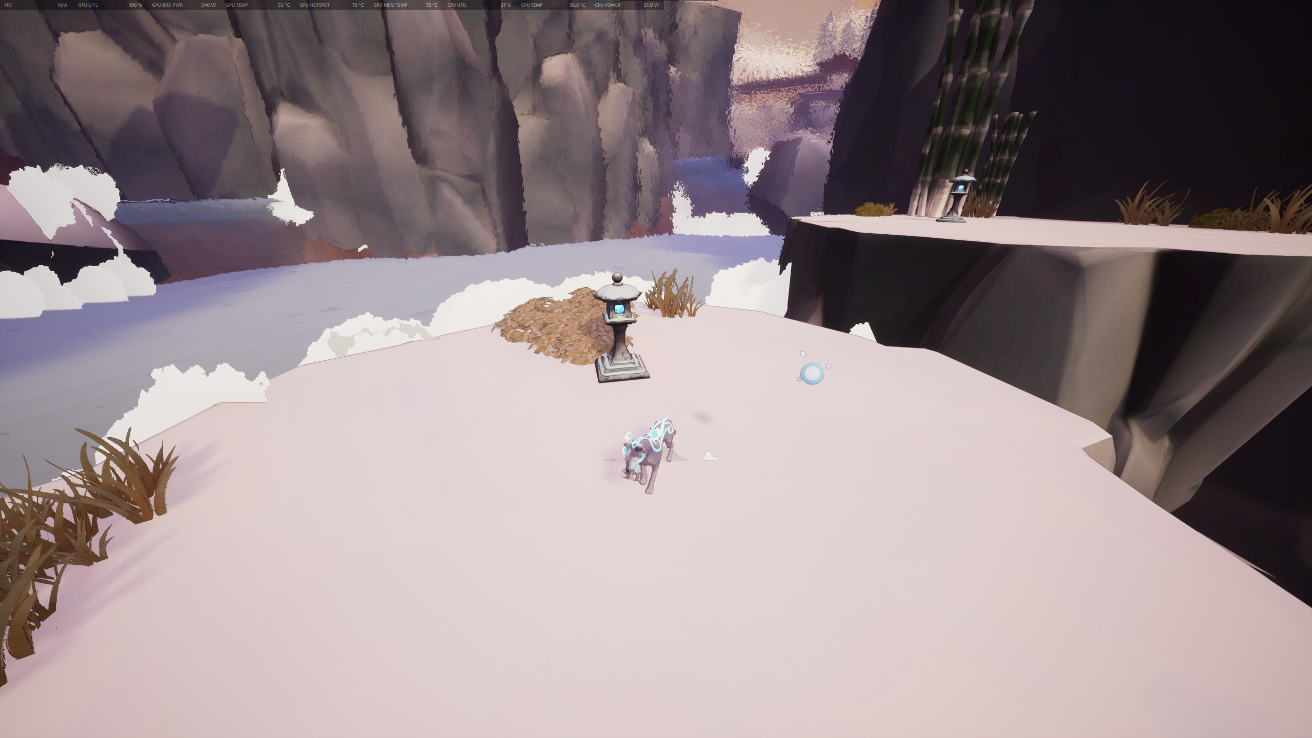 Kazeyo stands next to a lit Spirit Lantern, on a flat rock island flanked by rivers.