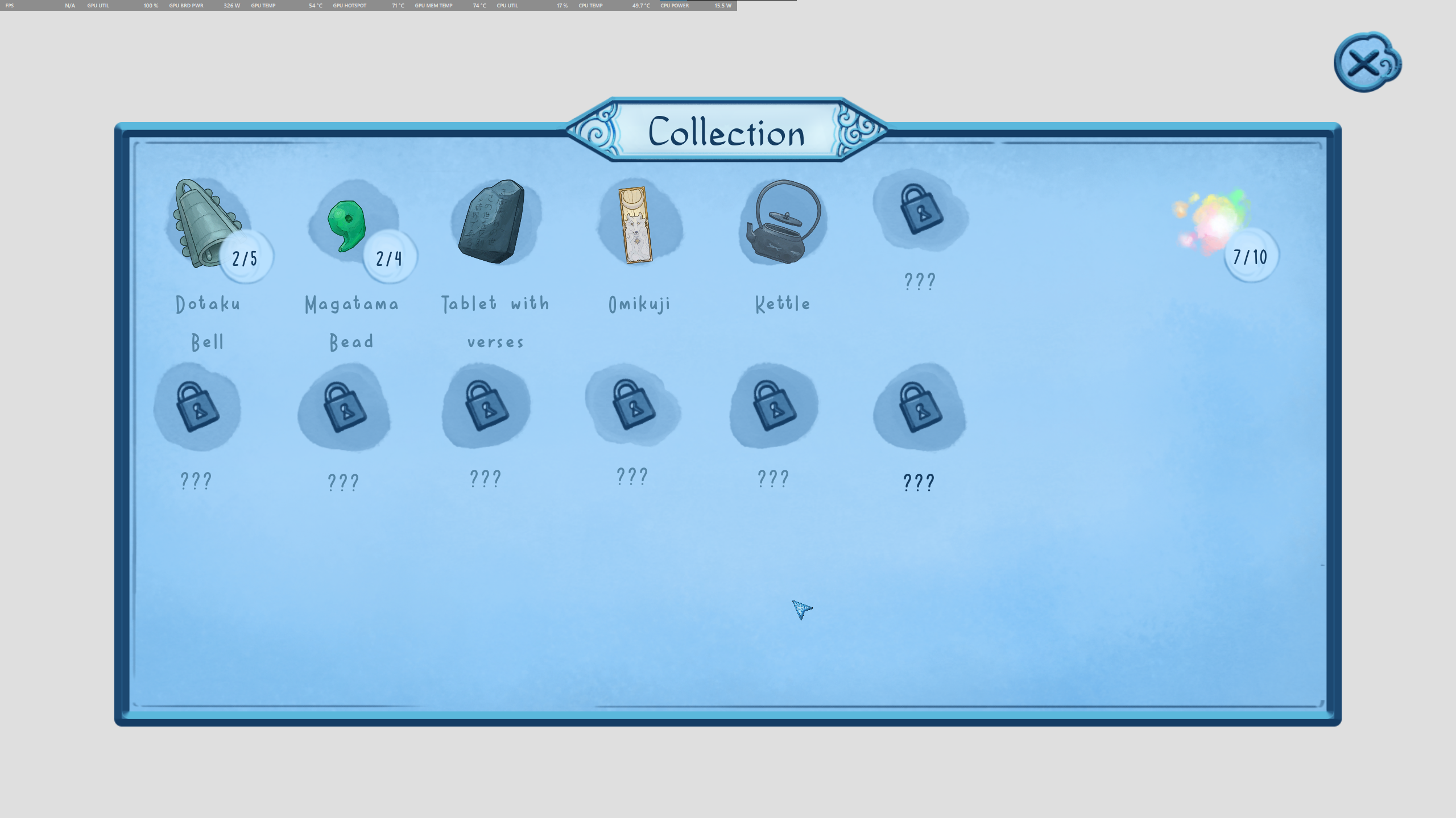 A graphical menu that shows you the collectibles you've gathered so far. The uncollected items are labeled with question marks.