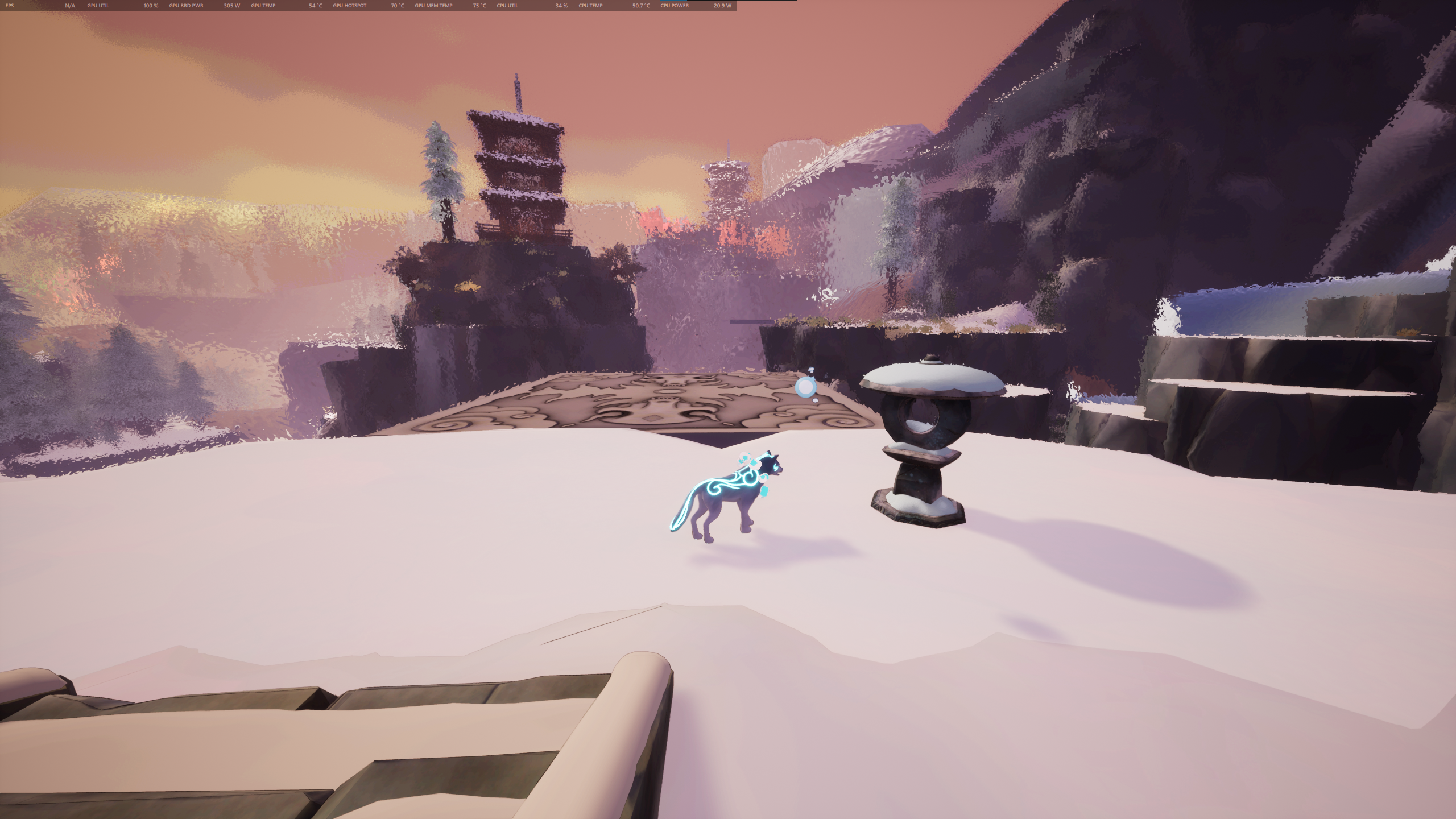 Kazeyo stands before a floating platform, beside an unlit Spirit Lantern.