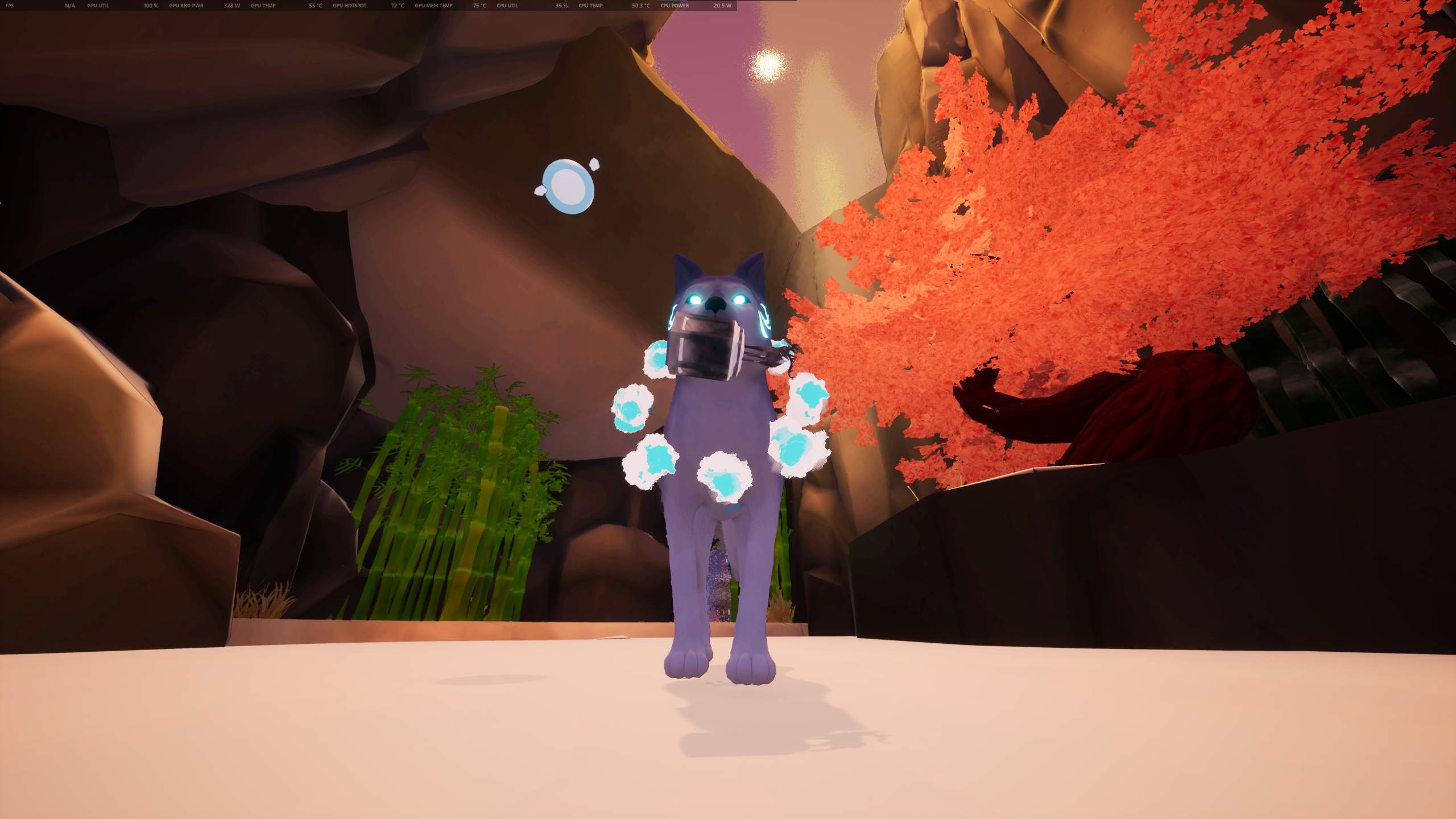 Kazeyo stands under a Japanese red maple tree, and is holding a trinket in their mouth.