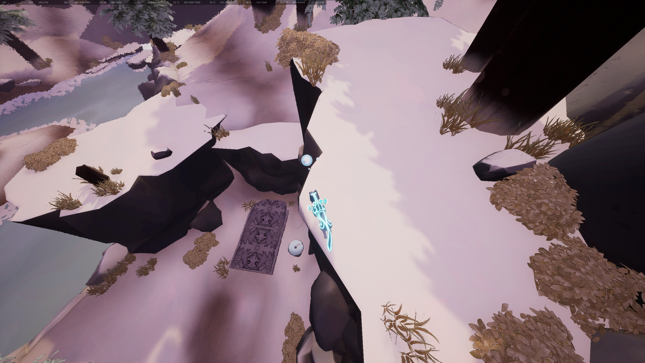 Kazeyo stands on a cliff's edge, overlooking the first tutorial Spirit Lantern.