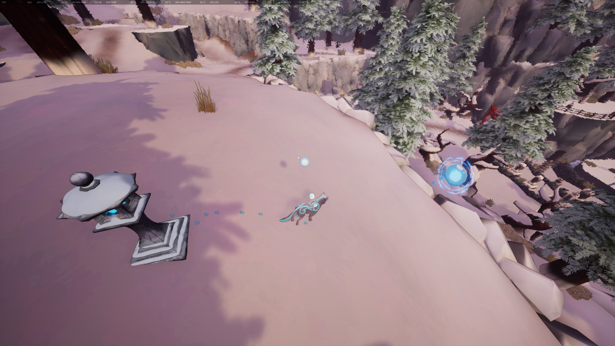 Kazeyo stands at a cliff's edge next to a now-lit Spirit Lantern, overlooking a giant floating blob of Spirit Water.