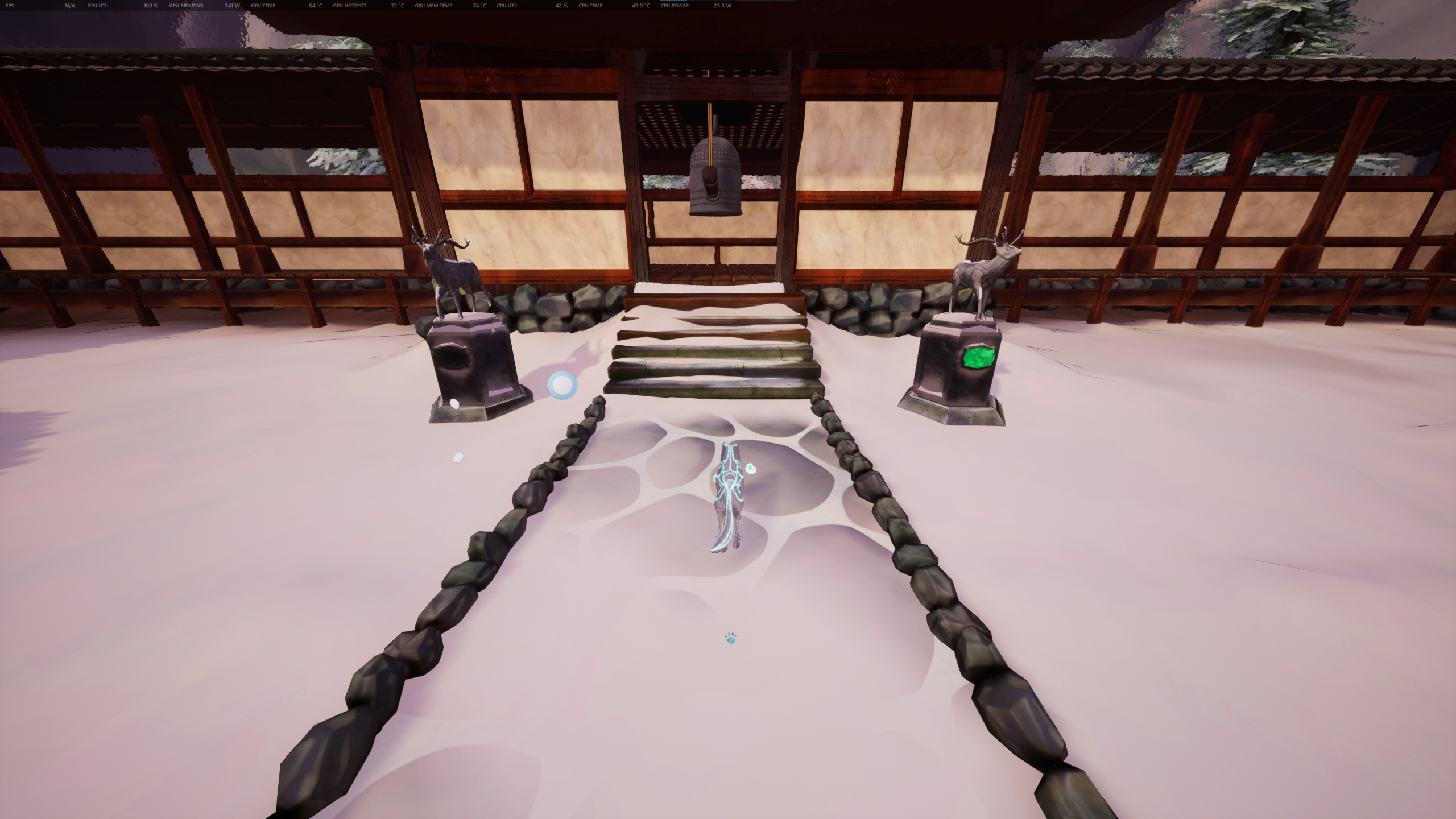 Kazeyo stands at a cliff's edge next to a floating trinket, overlooking another cliff with another floating trinket, with a statue and two pedestals in-between.