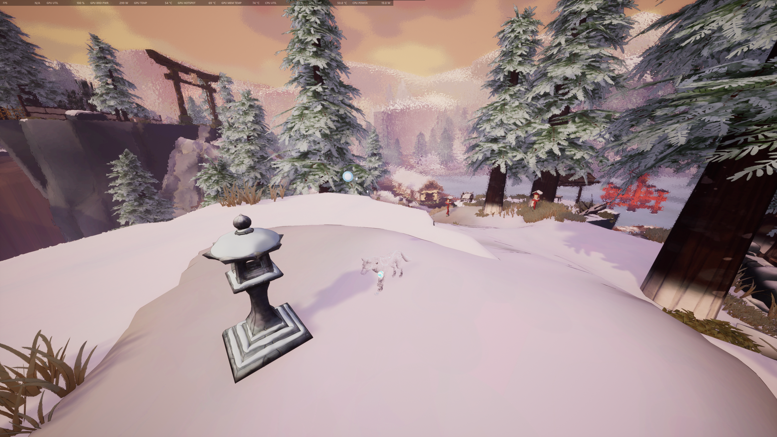 A nearly-transparent Kazeyo stands near an unlit Spirit Lantern.