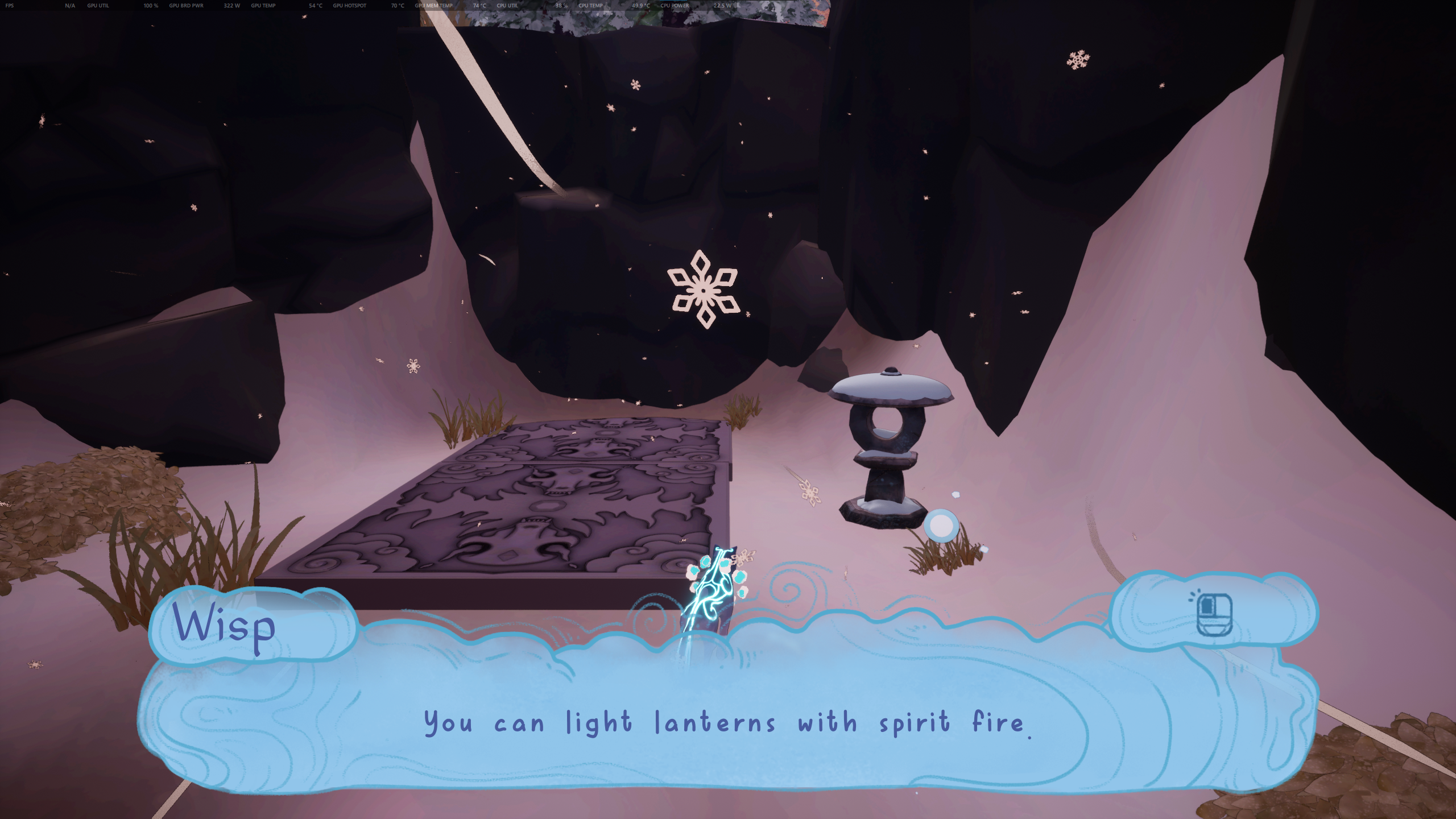 Kazeyo stands in front of an unlit Spirit Lantern, with platforms in the ground nearby.