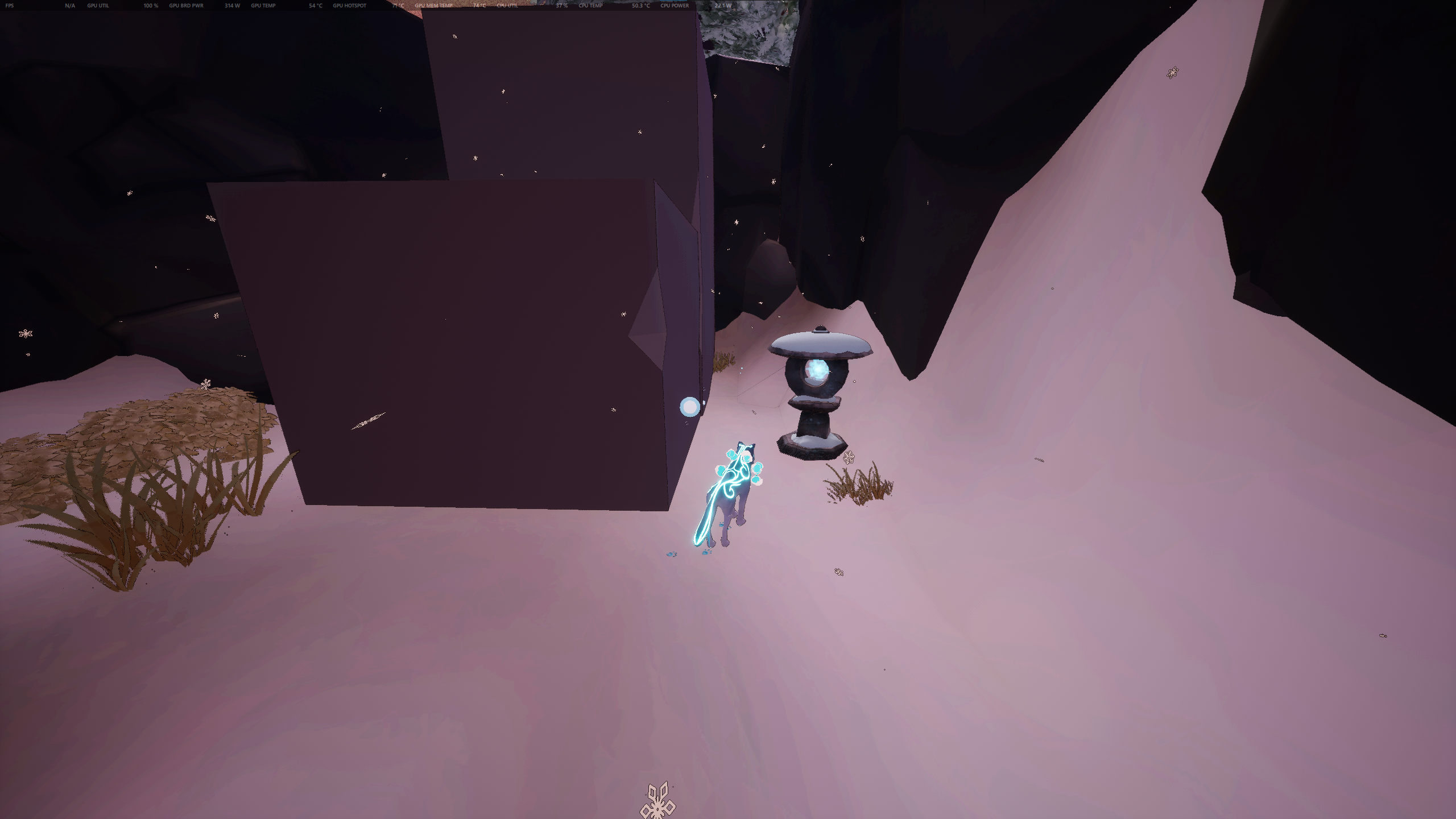 Kazeyo stands in front of a lit Spirit Lantern, the nearby platform now raised like stairs.