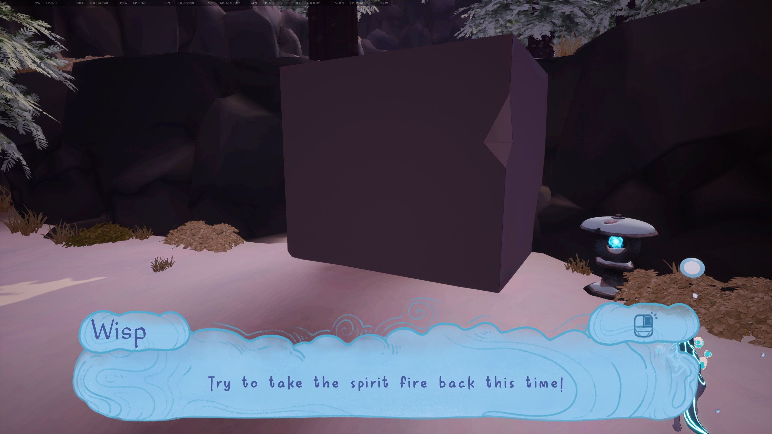 Kazeyo stands in front of a lit Spirit Lantern, the nearby platform now raised like stairs.