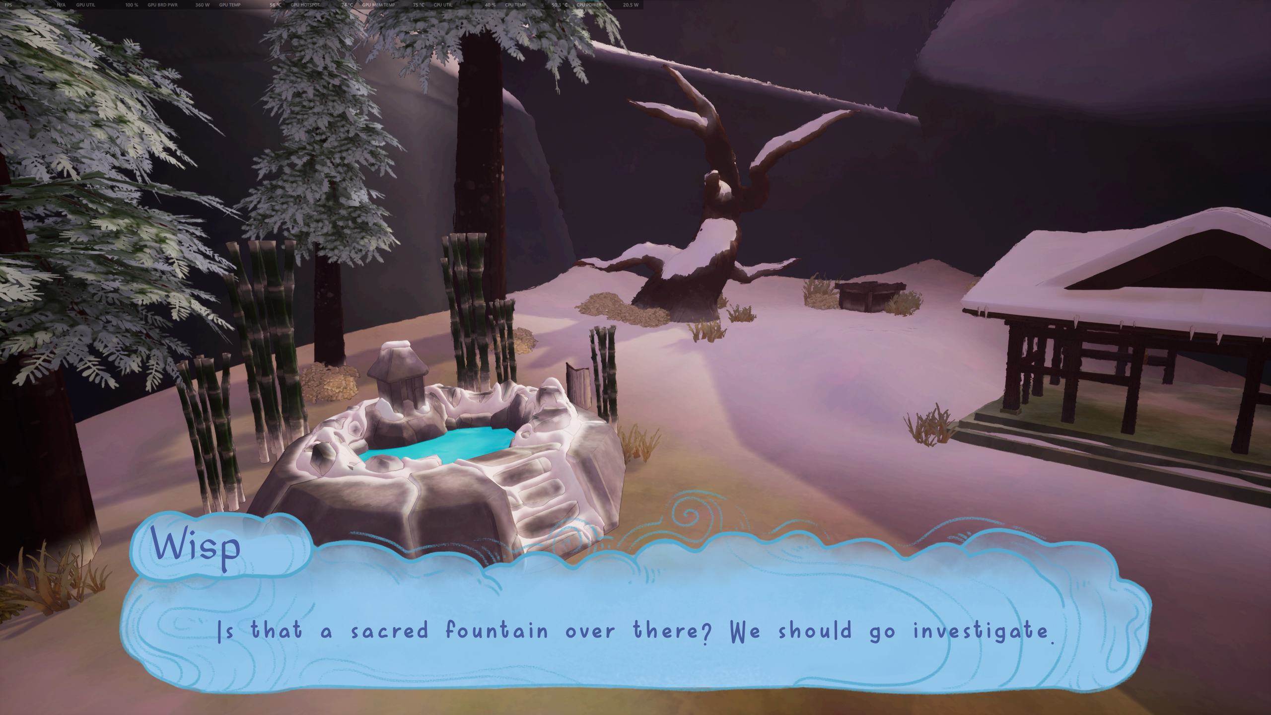 Wisp tells Kazeyo to investigate a nearby Sacred Fountain.